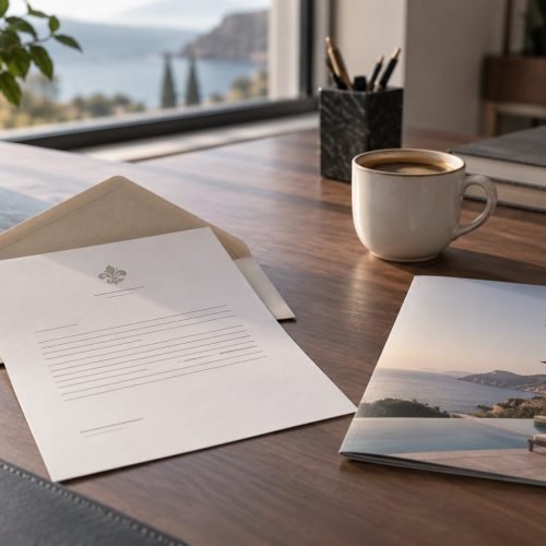 Distrato de cota de resort: carta formal de pedido de distrato saindo de um envelope sobre a mesa, ao lado de um folheto de resort e uma xícara de café