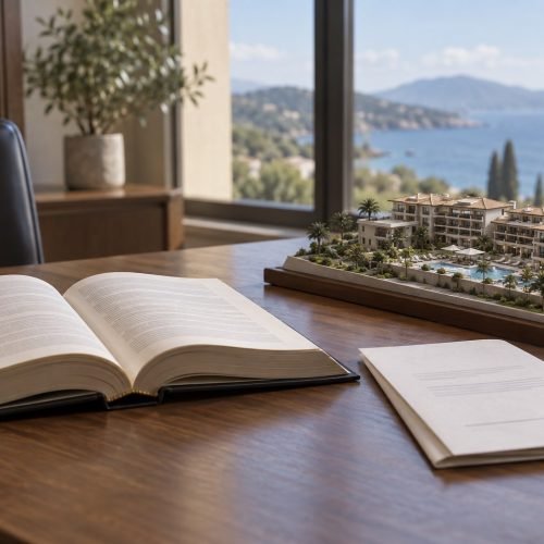 Distrato multipropriedade: livro de direito aberto sobre a mesa ao lado de um contrato dobrado e de uma maquete de empreendimento de multipropriedade