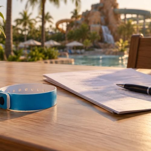Pulseira de parque aquático sobre mesa de madeira ao lado de contrato impresso dobrado