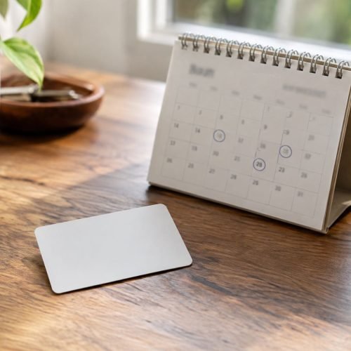 Cartão de programa de pontos ao lado de calendário de mesa com dias marcados