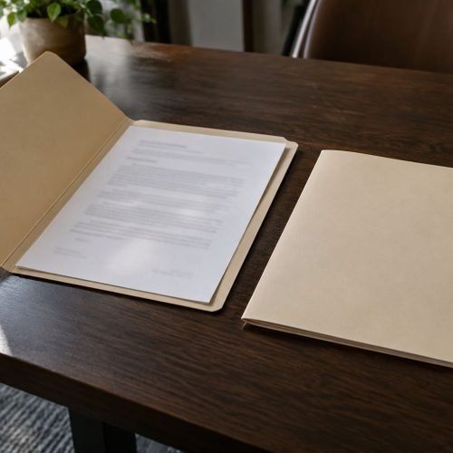 Duas pastas de arquivo idênticas lado a lado sobre mesa de madeira, uma aberta com contrato impresso, outra fechada, luz de janela de manhã
