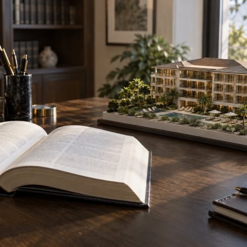 Livro de leis aberto sobre mesa de madeira ao lado de uma maquete de empreendimento de resort