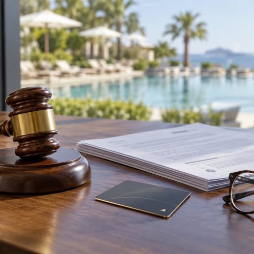 Martelo de juiz sobre mesa de madeira ao lado de páginas de contrato, cartão-chave de hotel e óculos de leitura