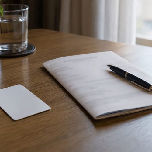 Cartão-chave de hotel ao lado de documento de matrícula de imóvel dobrado