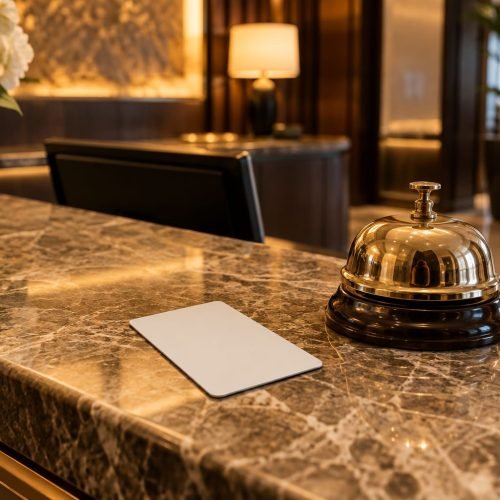 Cartão-chave de hotel sobre balcão de recepção de pedra, ao lado de sino de atendimento