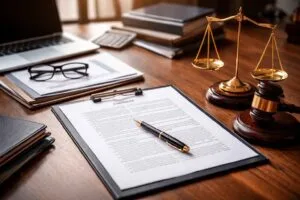 Imagem representando revisão de contratos empresariais, com documento sobre a mesa, caneta, martelo judicial e balança da justiça em ambiente jurídico corporativo.