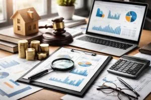 Imagem ilustrando revisão de financiamento empresarial, com documentos financeiros, gráficos, moedas empilhadas, calculadora e símbolos jurídicos sobre mesa.