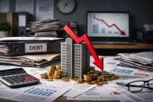Imagem ilustrando empresa superendividada, com gráfico em queda, pilhas de moedas, documentos financeiros e prédio em miniatura sobre mesa.