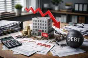 Imagem ilustrando soluções para dívidas bancárias, com prédio em miniatura, documentos financeiros, correntes e seta descendente simbolizando pressão financeira.