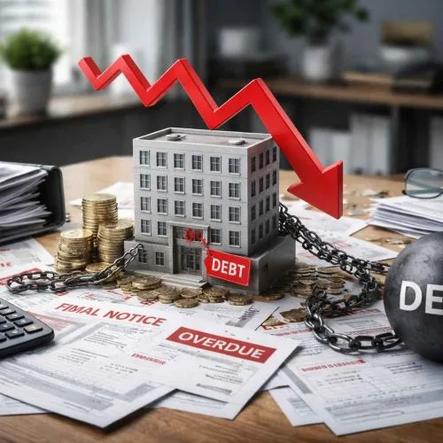 Imagem ilustrando soluções para dívidas bancárias, com prédio em miniatura, documentos financeiros, correntes e seta descendente simbolizando pressão financeira.